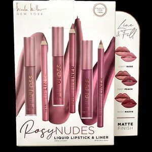 Nicole Miller Rosy Nudes 6 Pc Lipstick & Liner Set Matte Finish NEW IN BOX